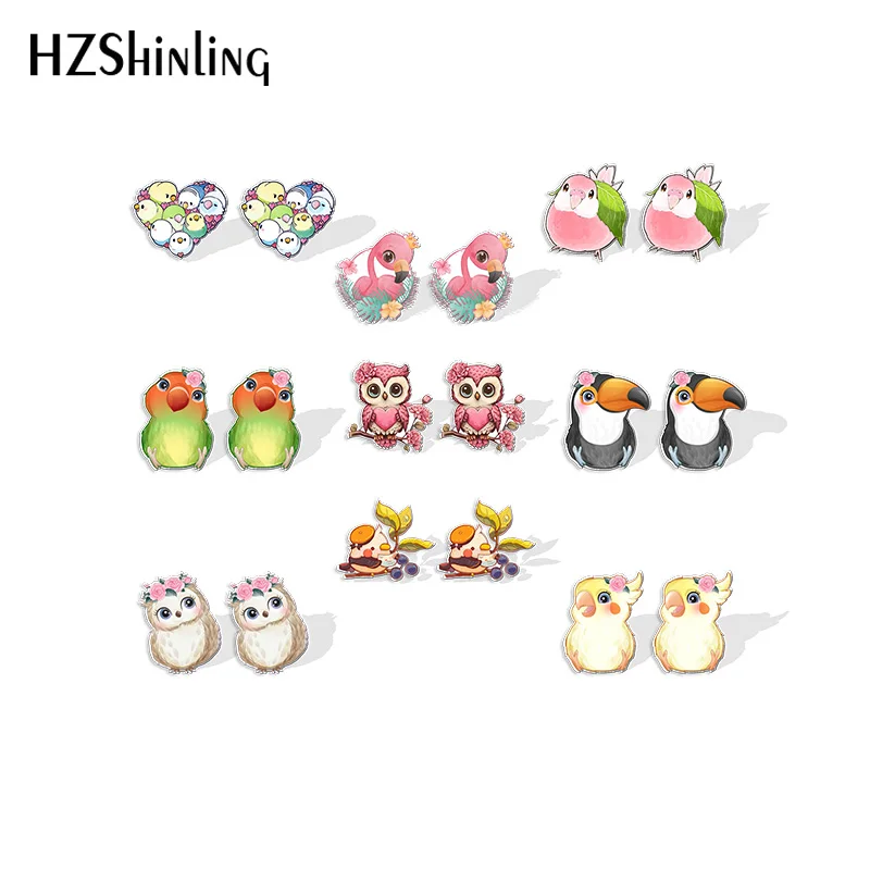 2023 New Tropical Bird Stud Earring Floral Owl Flamingo Acrylic Resin Earrings Epoxy Handmade Jewelry Gifts Friends