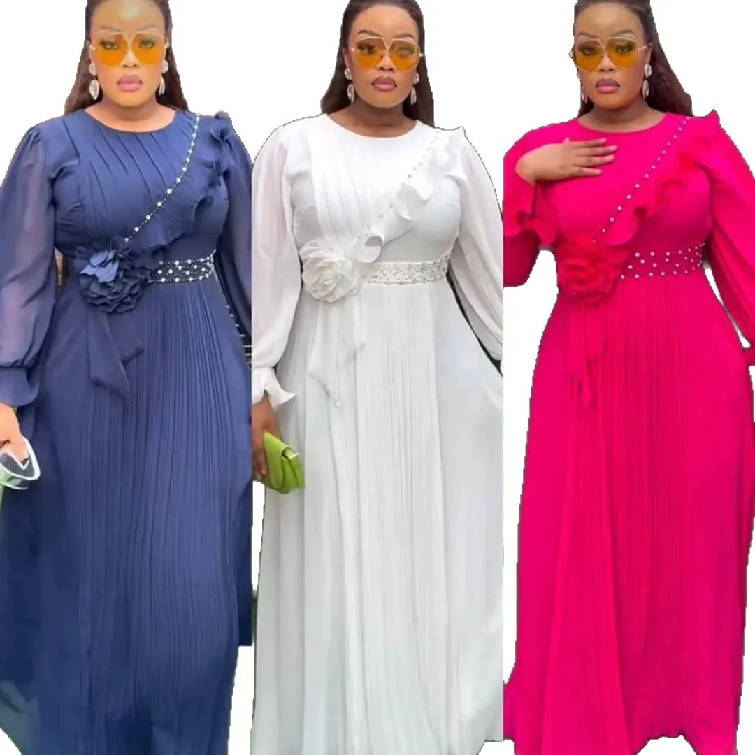 Plus-size Women's Solid Color Round-neck Chiffon Clothes With Beaded Three-dimensional Floral Design Ruffles, And Lantern Sleeve