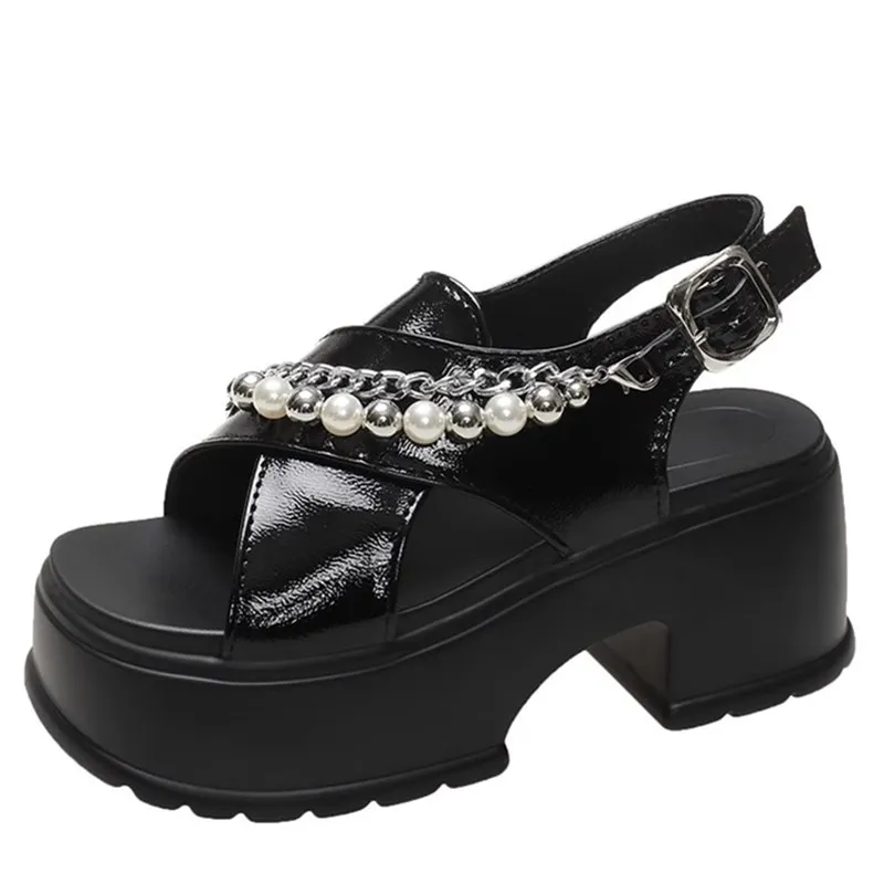 

Новинка 2023 года, летние сандалии с открытым носком и толстой подошвой, женские туфли-лодочки с пряжкой и ремешком, Zapatos Mujer, модная женская обувь с жемчужной цепочкой
