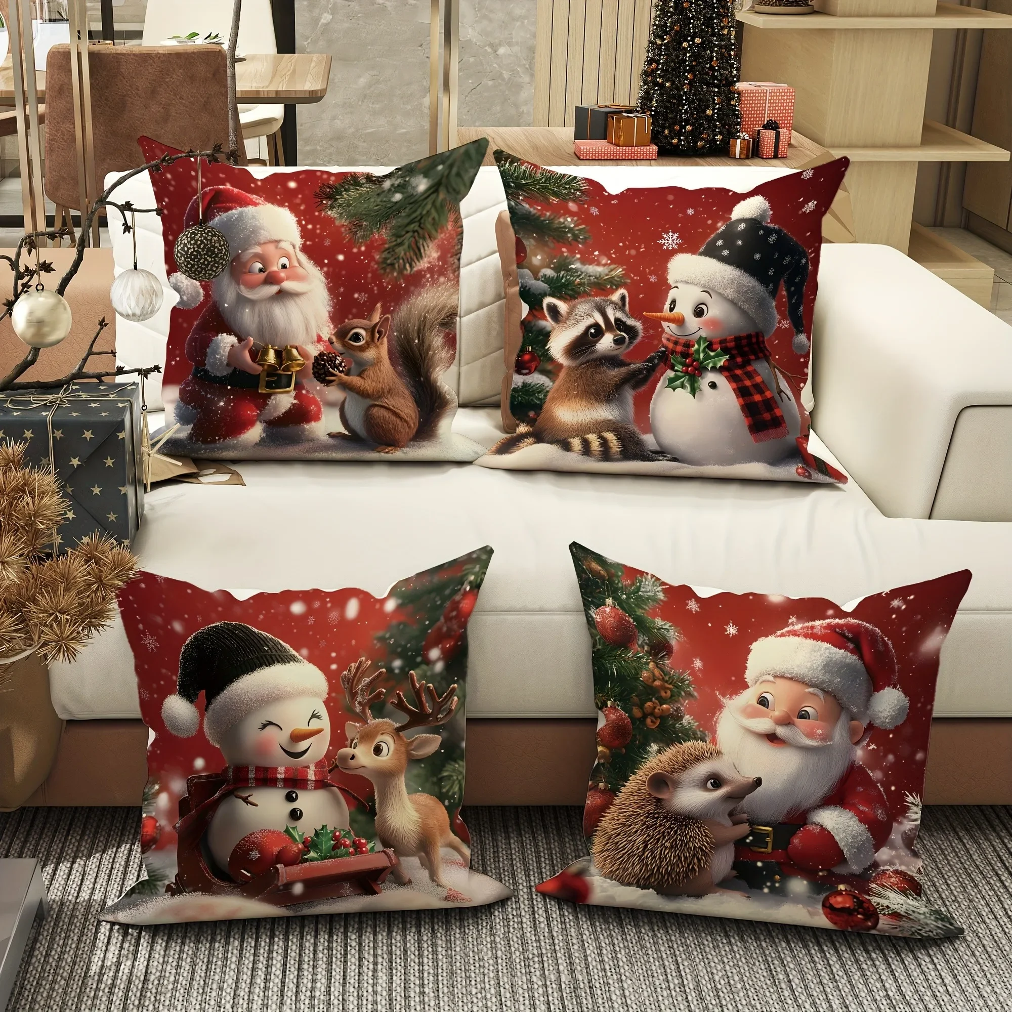 Magia navideña: fundas de almohada de Papá Noel, muñeco de nieve y amigos para decoración festiva. sofás, fundas de almohada