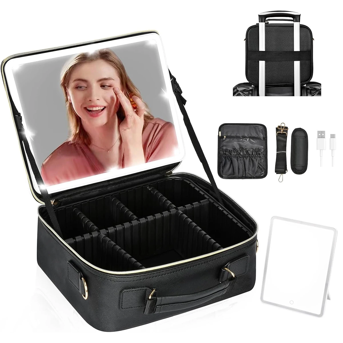 

Cosmetic Bag with Led Mirror, Travel Makeup Organizer Bag Makeup Case With Adjustable Should Strap 3 Colors Light, Vacation Gift