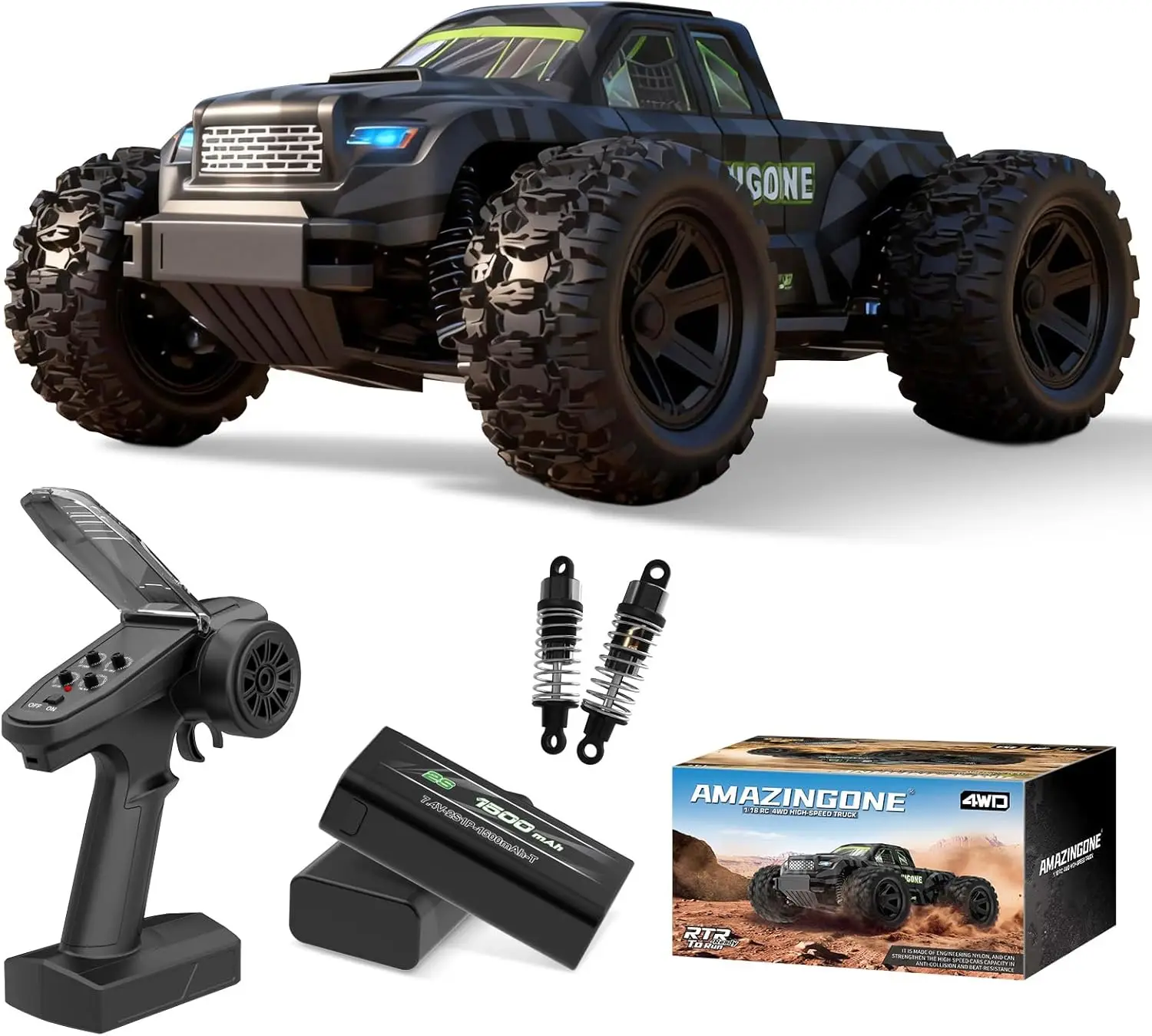 

1/18 Scale RC Cars for Adults, 35KMH 4WD Monster Truck with 2.4GHz Remote, Off Road RTR with 2 Batteries