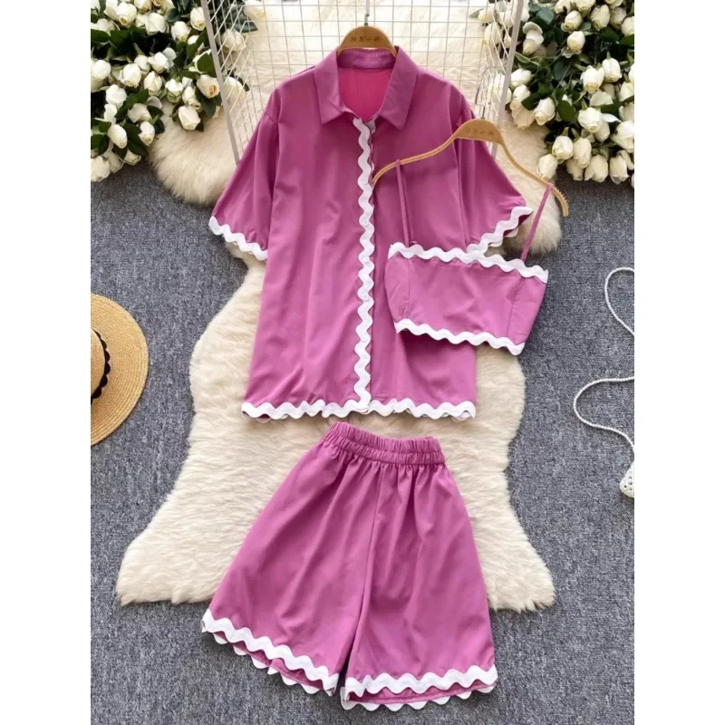 

Korean Fashion Shorts Sets Women 2-piece New Summer Polo Collar Shirt+strapless Tank Tops+elastic Waist Wide Leg Shorts