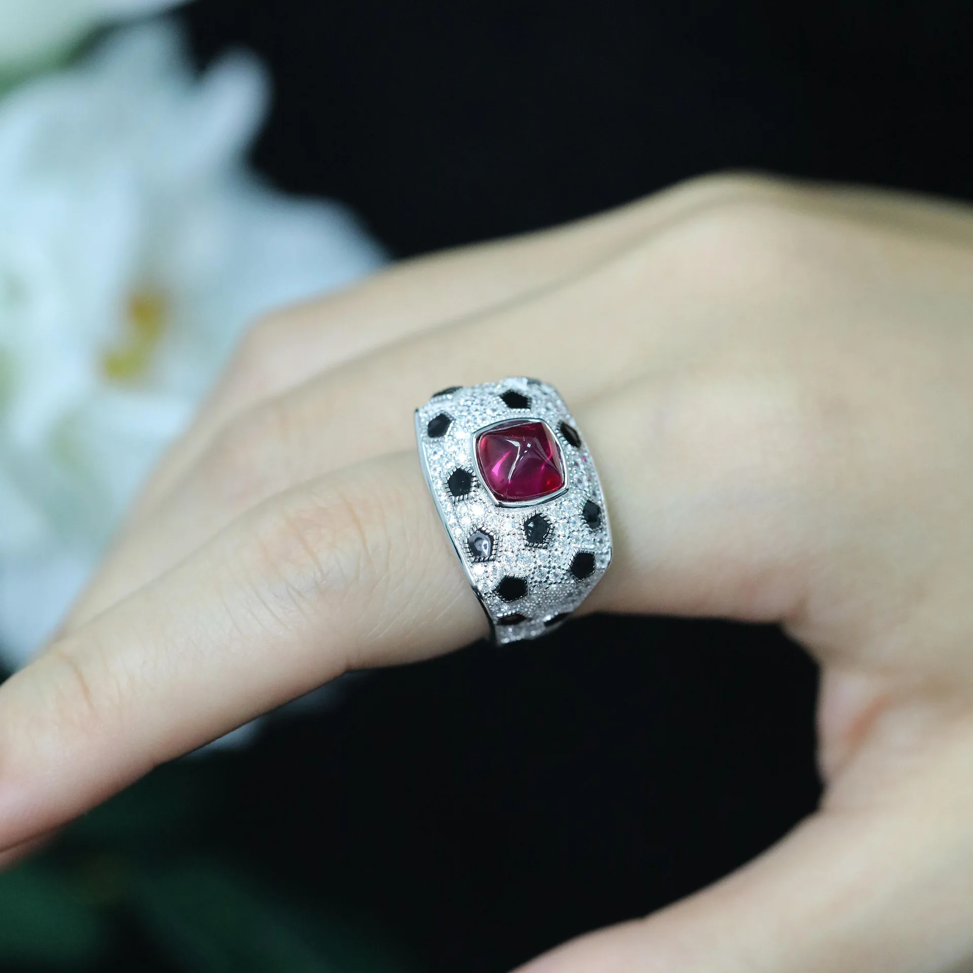Morsanite diamond pink leopard print sterling silver ring