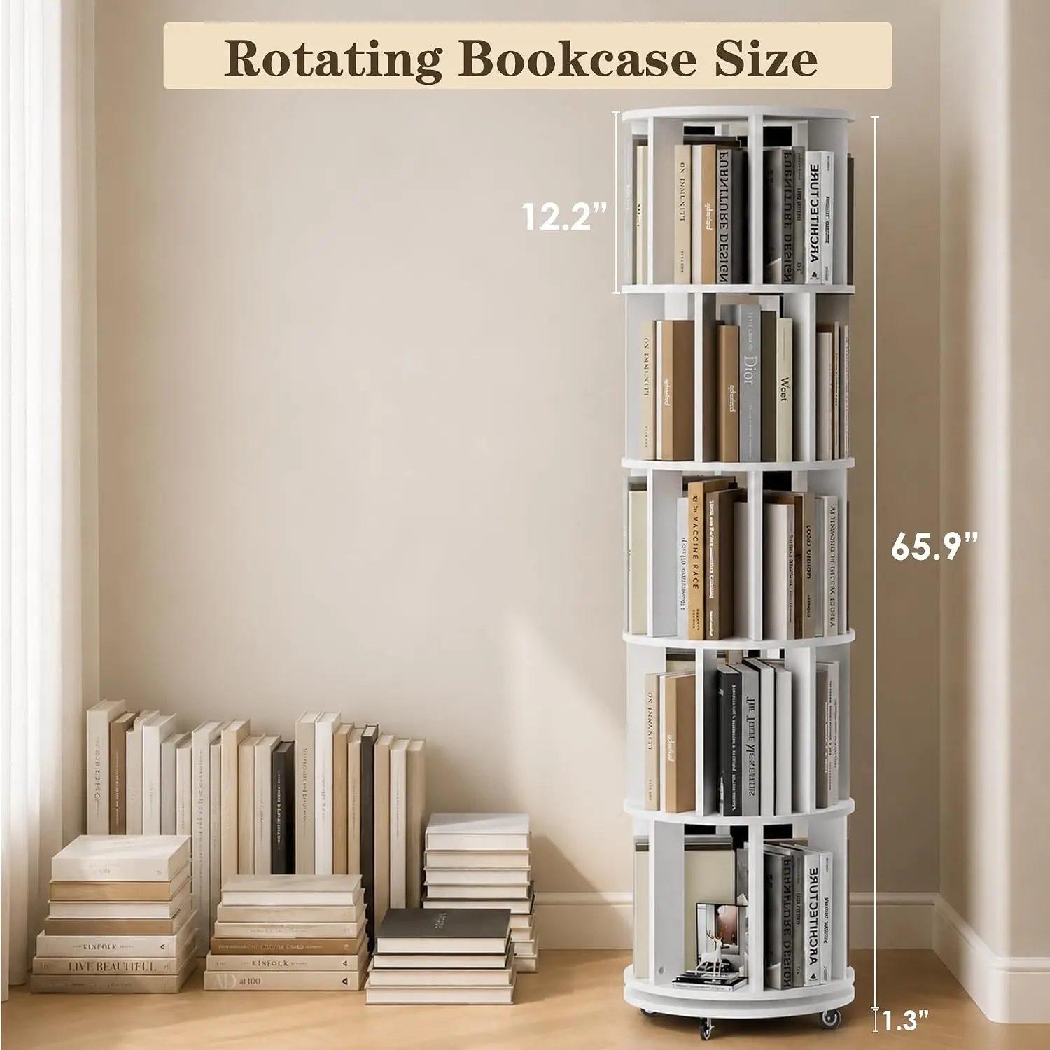 5-Tier Rotating Bookshelf Large-Capacity Floor Bookcase 360° Swivel Casters Narrow Rounded Edge Storage Display Rack, Customized