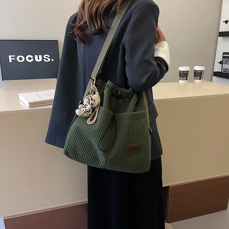 Casual Girls Backpack Korean Women Large Capacity Corduro Drawstring Shoulder Crossbody Bag Ladies Fashion Durable Rucksack