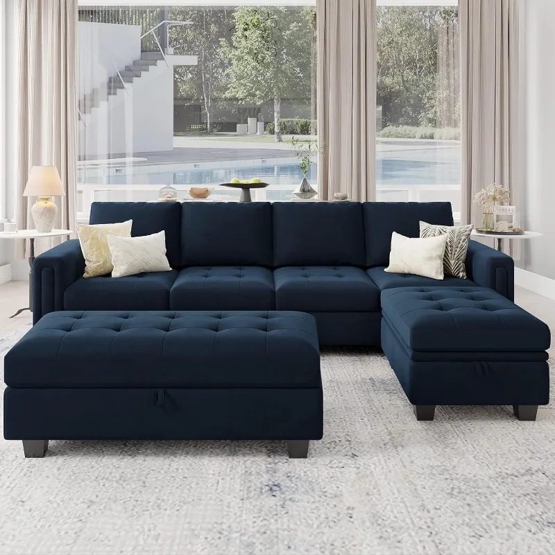 Velvet Convertible 4-Seat Sectional Sofa with Reversible Chaise L Shaped Sofa Couch Furniture Sets Sectional Couch with Storage