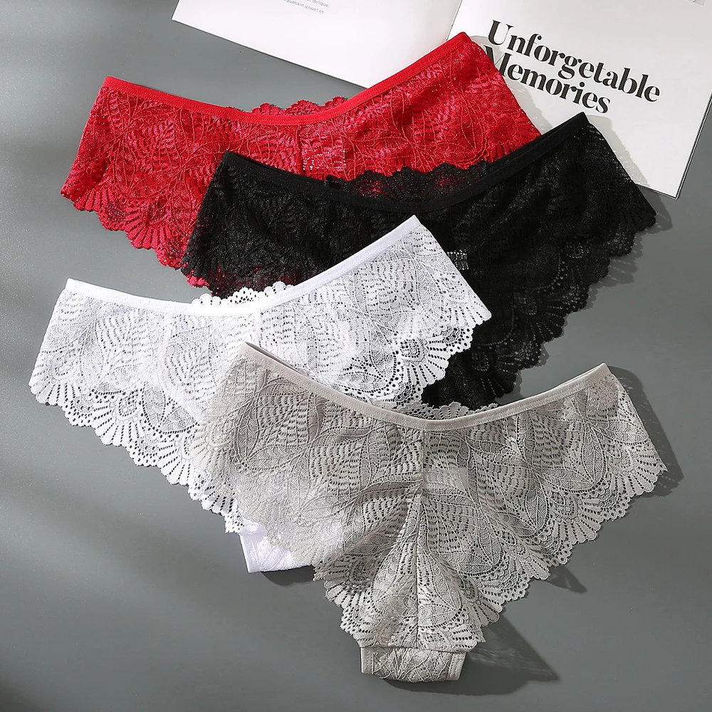 3pcs/lot Sexy Ladies Lace Panties Transparent Low-Rise Lingerie Female Underwear Hollow Out Underpants Comfortable Briefs