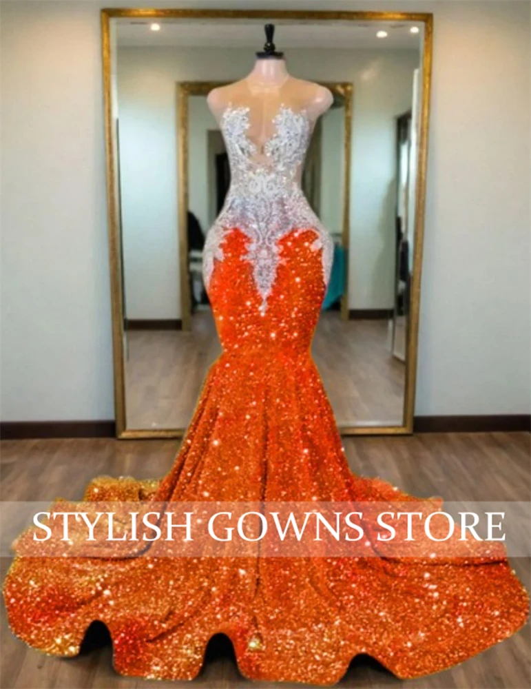 Orange Luxury Long Prom Dress 2025 Black Girls Beaded Appliques Birthday Party Gown Sequined Wedding Dresses Customized