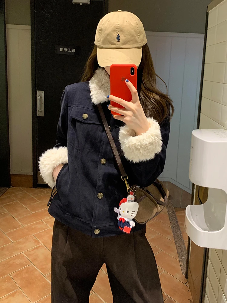 

Lamb Wool Jacket Women Y2K Striped Lapels Fancy Style Fashion Travel Everyday Baseball Uniform Colorful Streetwear Basic Youth