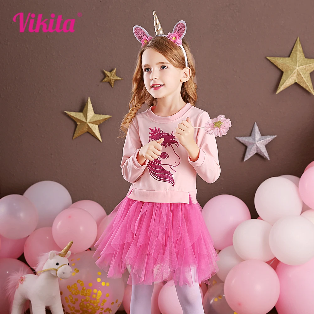 VIKITA Girls Sweatshirt Dress Kids Unicorn Cartoon Print Dresses Kids Autumn Winter Dress Kids Pink Princess Infantil Vestidos