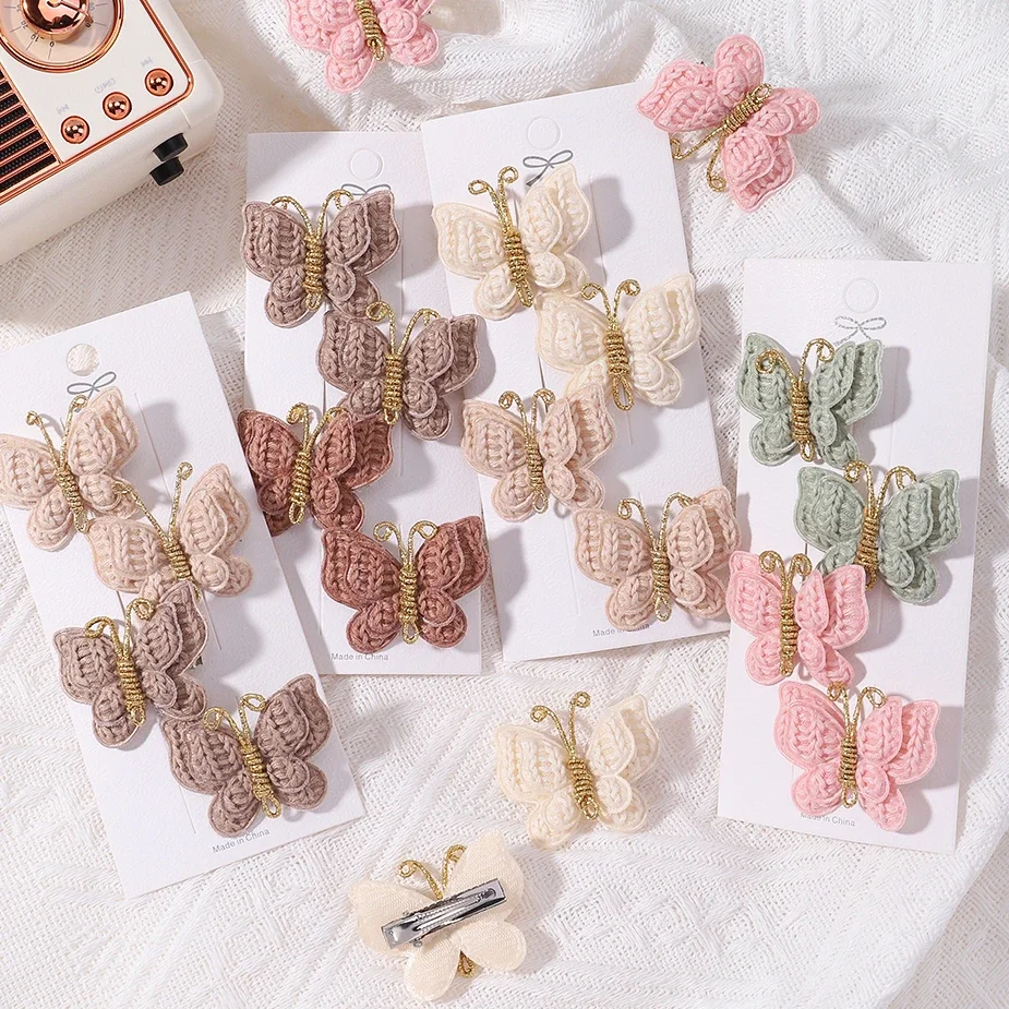 

2/4pcs/set New Cute Baby Girls Wool Knitting Headwear Handmade Crochet Butterfly Alloy Hairs Clips Children PU Hairpin Wholesale