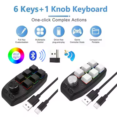 3 Modes Programming Macro Custom Keyboard RGB 6 Keys 1Knob PS Gaming Keypad Mechanical Keyboard Hotswap Macropad Wired/Wireless
