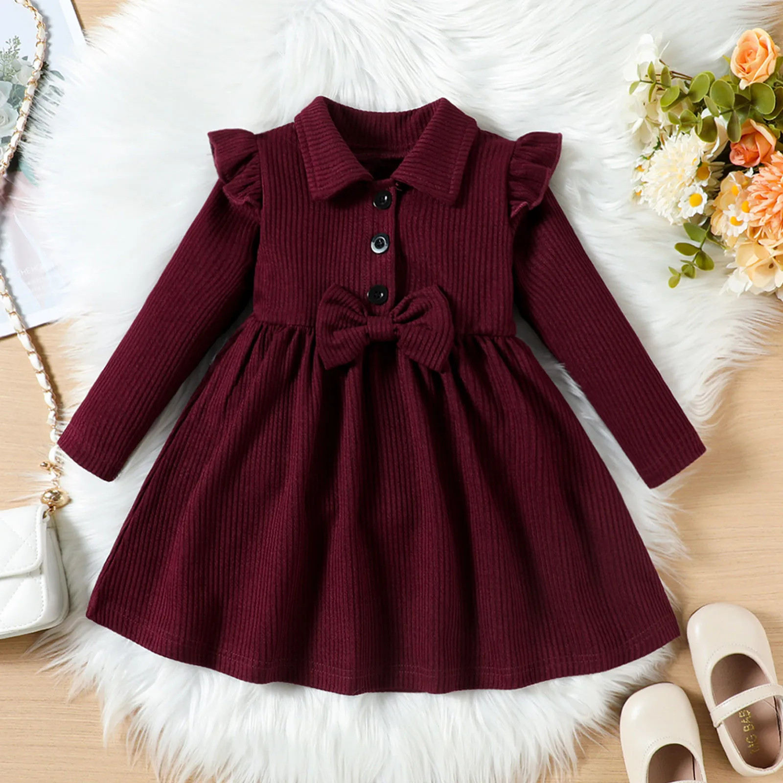 Toddler Girls Long Sleeve Dress 2024 New Autumn Solid Color Casual Dress Winter Clothes Lapel Button Bowknot Princess Dresses