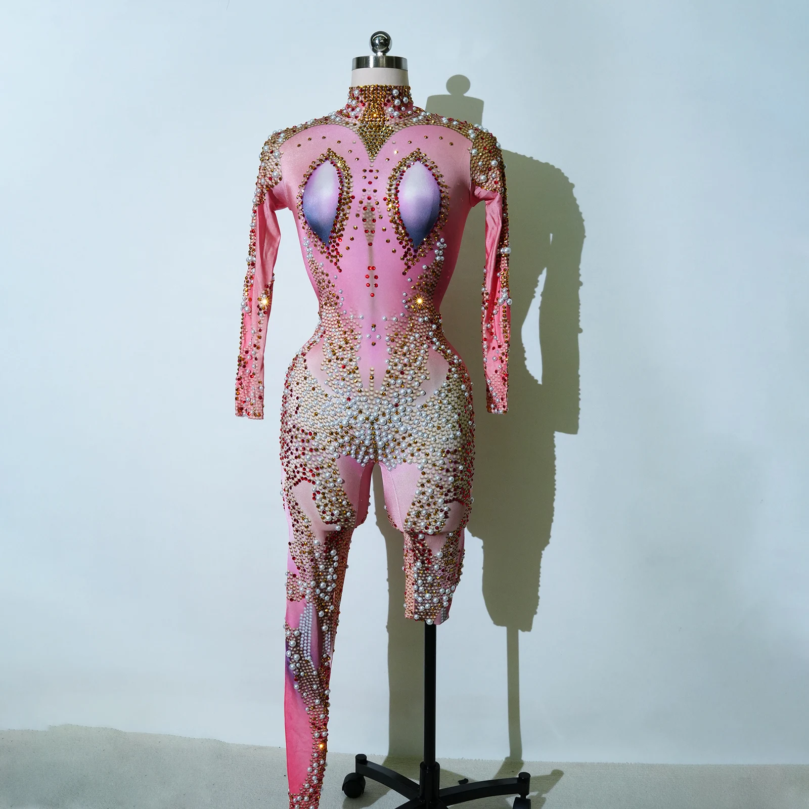 

Sexy Pink characteristic Women Pearls Rhinestones Jumpsuit Birthday party leotard Singer Dancer Stage Show Drag Queen Costumes
