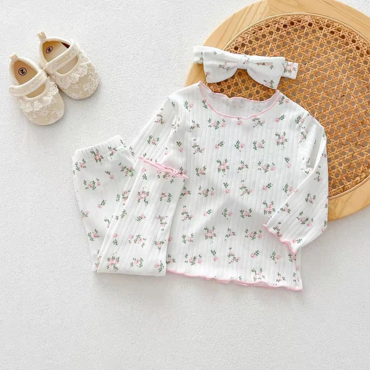 2-teiliges Baby-Pyjama-Set aus Baumwolle mit rosa Blumenmuster, weich und atmungsaktiv, für 0-3 Jahre alte Mädchen, süße Homewear, Loungewear, Schlafanzug – Detail 13