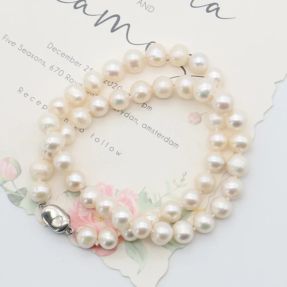 Round Natural Freshwater Baroque Pearl Polished Straight-hole Beaded Necklace 41cm with Ingots Clasp Jewelry Engagement Gift