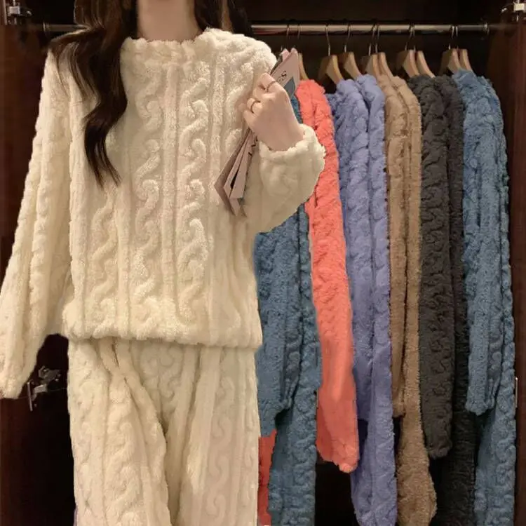 Thick Coral Fleece Pajamas Set Women's Autumn Winter Home Clothes Flannel Warm Large Size Fleece Lined Sleepwear Suit S10ff2ff1a63543a3b0c08fa6f6d3b142N