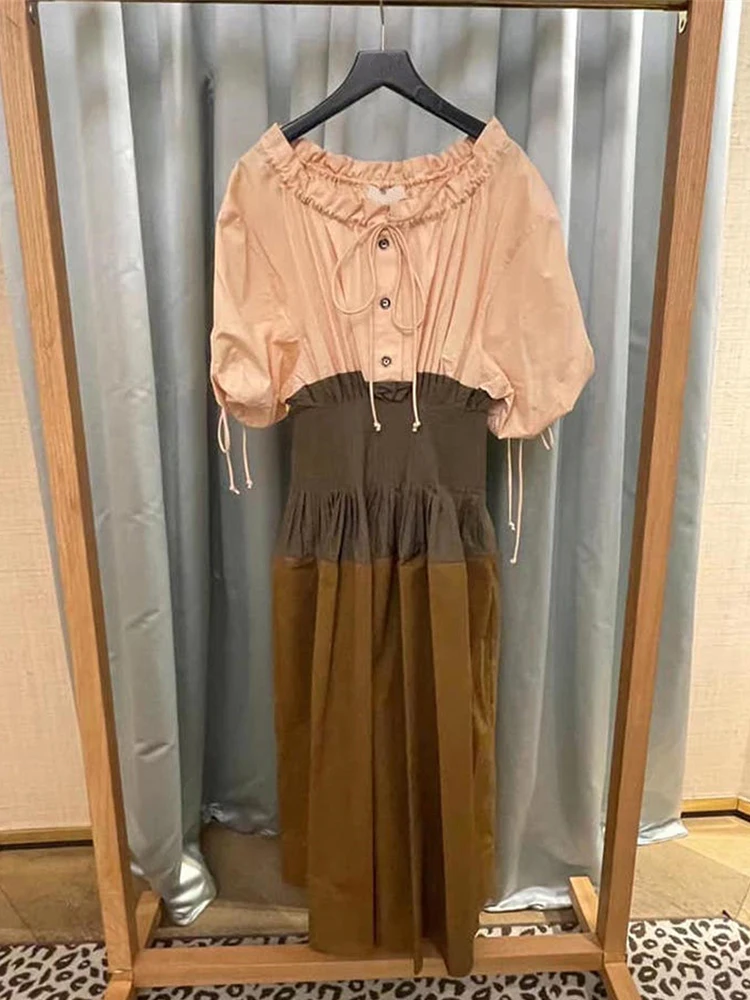

Retro Patchwork High Waist Short Sleeve Dress Bubble Sleeve Waist Cinching Lady mid Length Skirt Trendy Korean Style round Neck