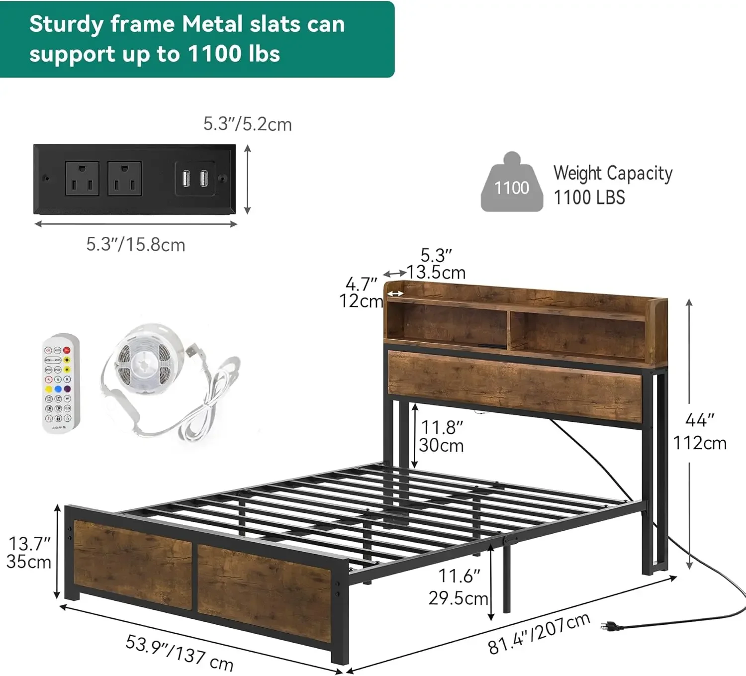 Storage Headboard, Metal Platform Bed Frame with Charging Station & LED Lights, Noise-Free/Metal Support/No Box Spring Needed, R