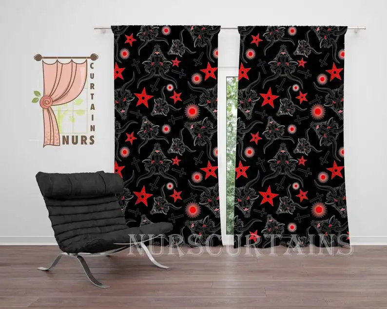 Satanic Goat Blackout Curtain: Gothic Pentacle Room Decor
