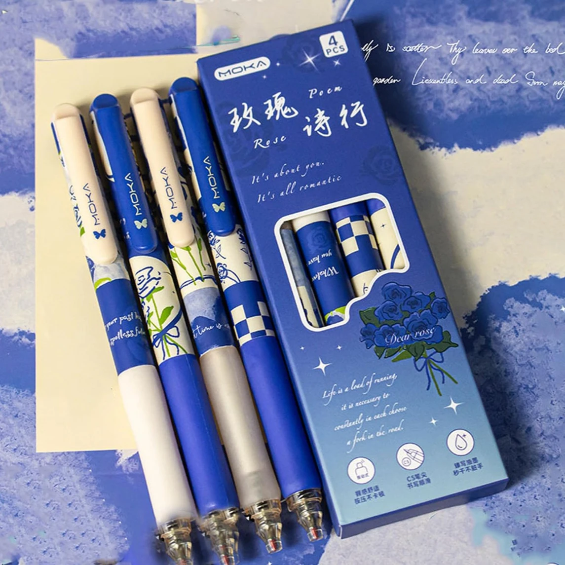 Gel Ink Pen Set - 4pcs/Set Cute Blue Rose Aesthetic Floral