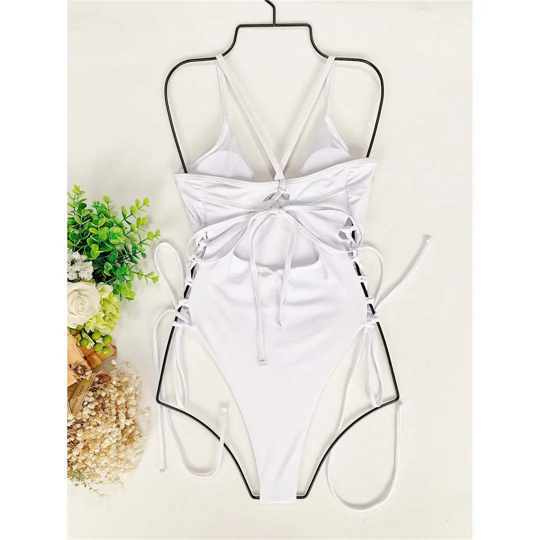 Sexy, mit Schnürung versehener, einteiliger Badeanzug mit Bügel, Damen-Bademode, rückenfreier Monokini-Badeanzug, Badeanzug für Damen, Modell V2906. – Detail 25