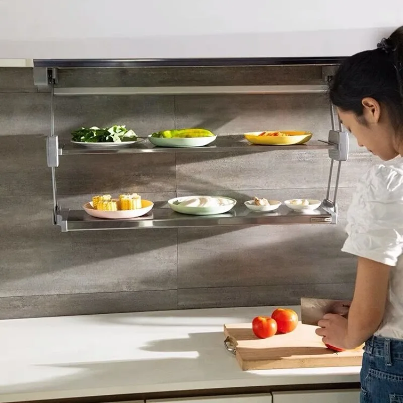 

Preparation ingredients pull-down double-layer folding basket kitchen hanging cabinet storage dishes stainless steel seasoning