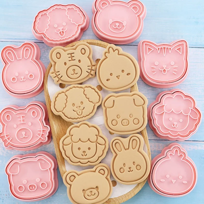 8Pcs/Set Animal Portrait Cookie Stamp Mold Bear Pig Chicken Dog Rabbit Sheep Tiger Cat Shape Biscuit Mold Baking Tools