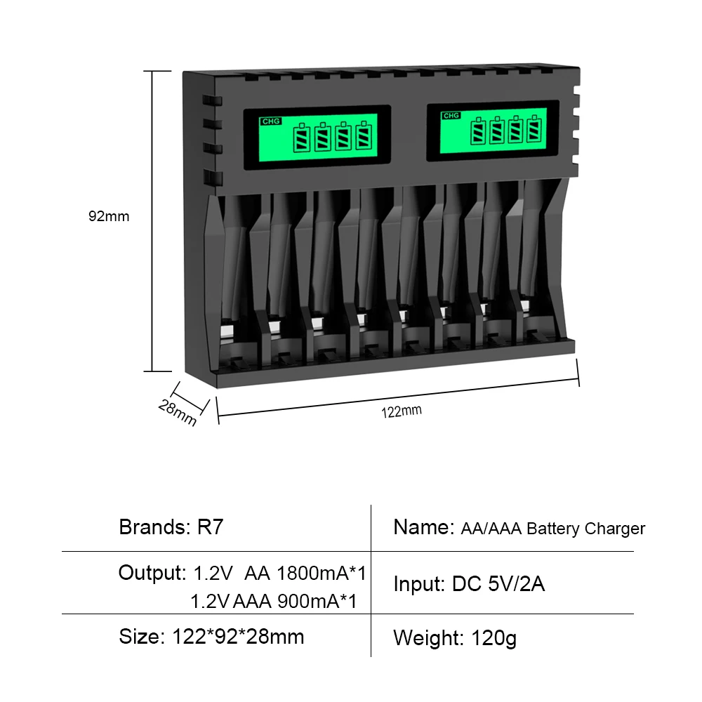 R7 4pcs AA and 4pcs AAA Rechargeable Battery 1.2V nimh AA Battery 2000mAh AAA Batteries 800mAh + 8 Slots Smart Battery Charger