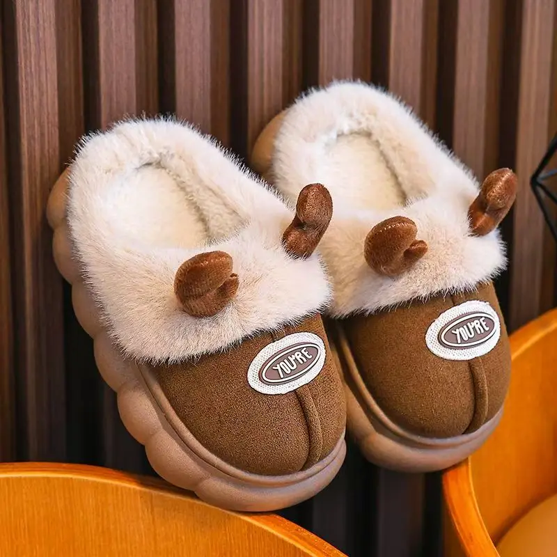 2024 Children's Winter Baotou Cartoon Cotton Slippers Boys And Girls Soft Sole Non Slip Plush Warm Cover Heel Home Cotton Shoes