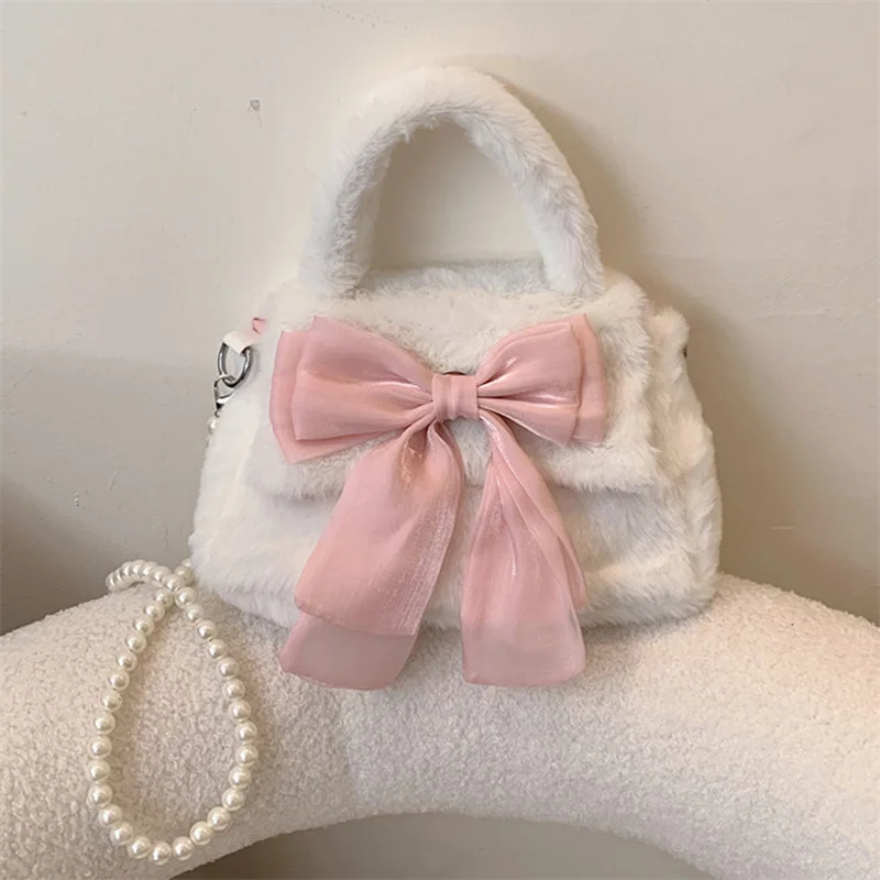 Bow Knot Pearl Plush Handbag Women's Crossbody Bag Fashionable And Sweet Women's Trendy Shoulder Bag Wallet