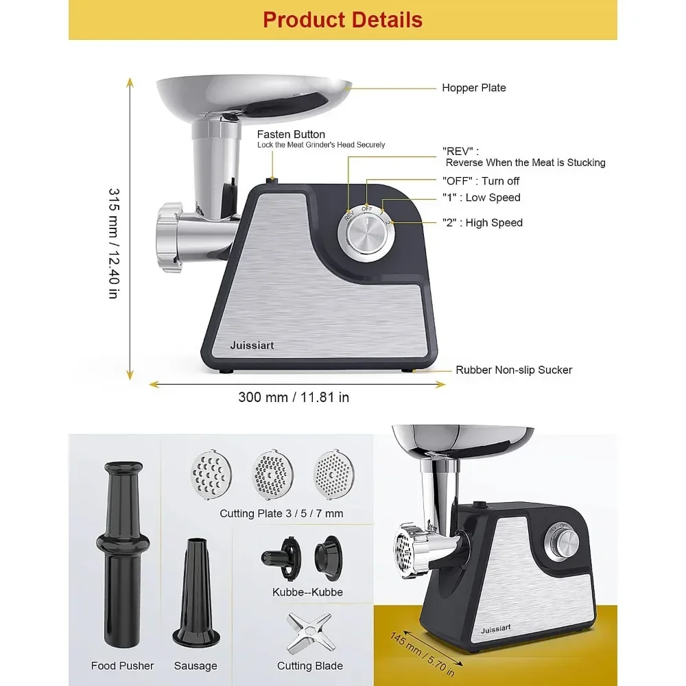 Maszynka do mielenia mięsa, maszynka do mielenia mięsa o mocy 2500 W z ostrzem ze stali nierdzewnej, płytami mielącymi 3/5/7, rurką do nadziewania kiełbas i zestawem Kibbeh
