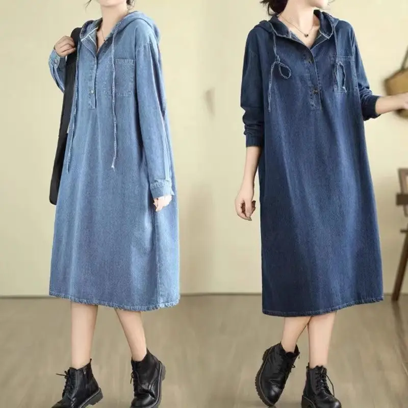 

Oversized Loose Hooded Denim Dresses Women 2023 Autumn Long Sleeve Vintage Lazy Style Korean Casual Fashion Jeans Dress Z3117