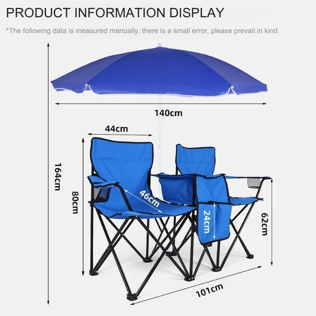 كرسي تخييم مزدوج قابل للطي للنزهات في الهواء الطلق مقعد مزدوج مع حقيبة تبريد ومظلة ومظلة للشمس