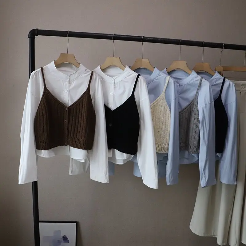 Spring Autumn Korean Style Pure Color Knitted Strap Vest New Fashion Age Reduction Top Outerwear Small  Jacket
