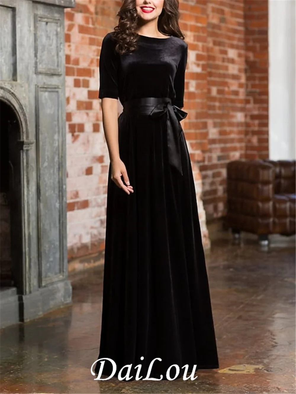 A-Line Evening Dresses Minimalist Dress Wedding Guest Floor Length Half Sleeve Jewel Neck Velvet with Sash Pure Color