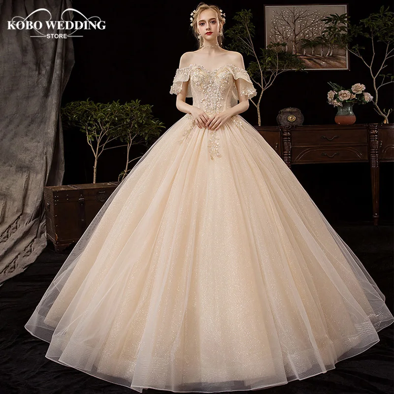 2021 오프 숄더 Vestido De Noiva 웨딩 드레스 기차 맞춤형 플러스 사이즈 Bridal Tulle Mariage boho Champagne Wedding