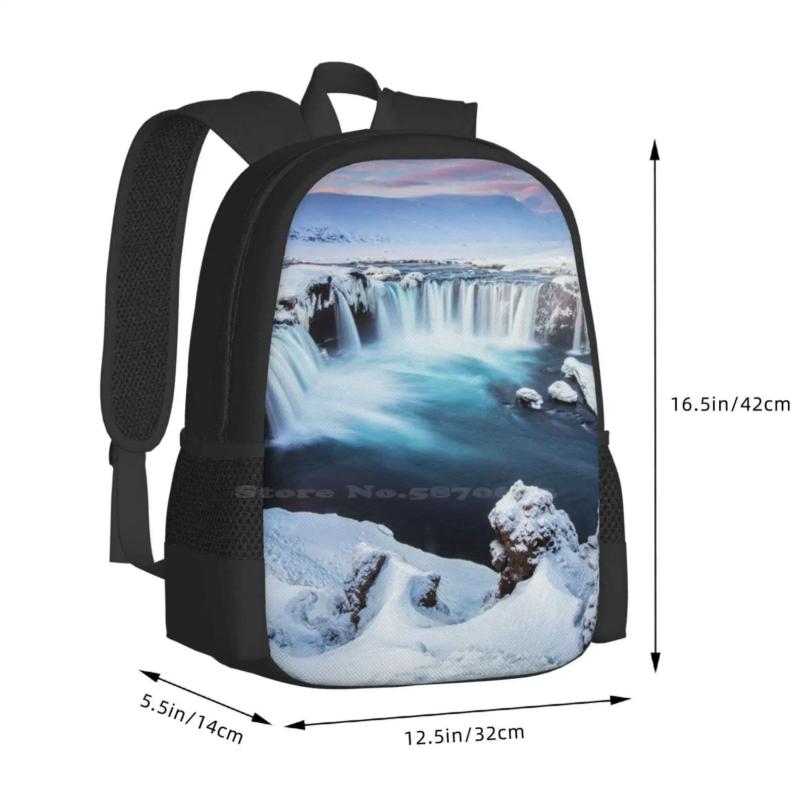 Godafoss-The Waterfall Of The Gods Pattern Design Bag zaino per studenti Godafoss Waterfall North islanda Winter Long Expousre