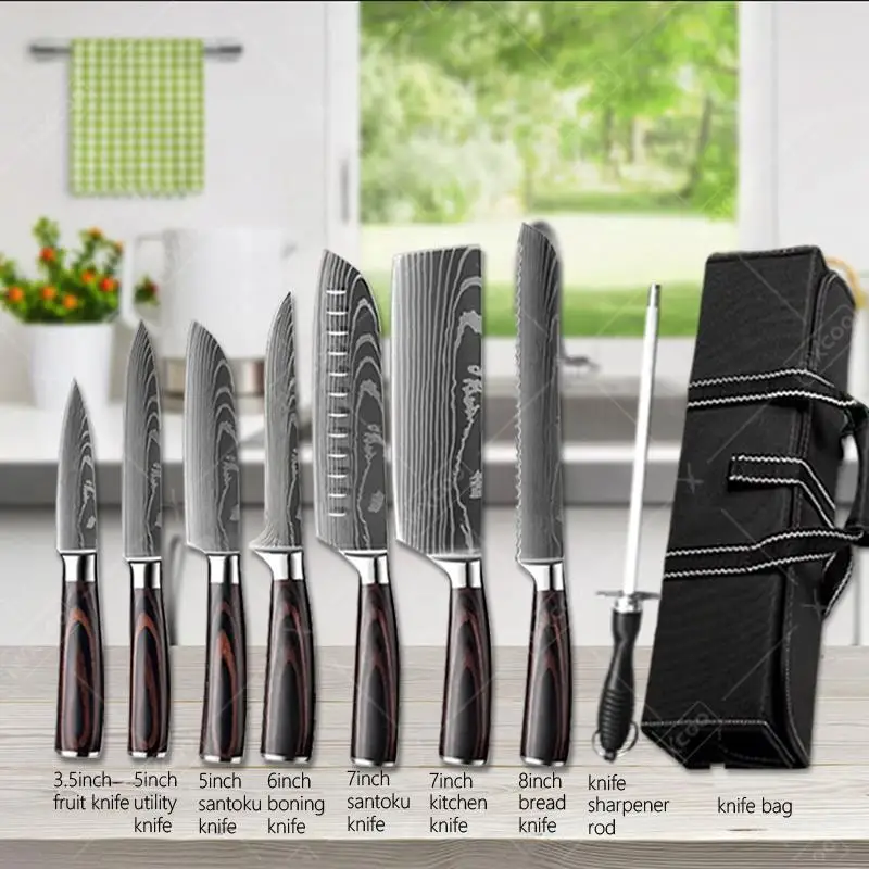 Damascus Steel Japanese Knife Set with Long Magnetic Knife Block Kitchen Knives VG10 Steel Meat Cleaver Santoku Slicing Knife
