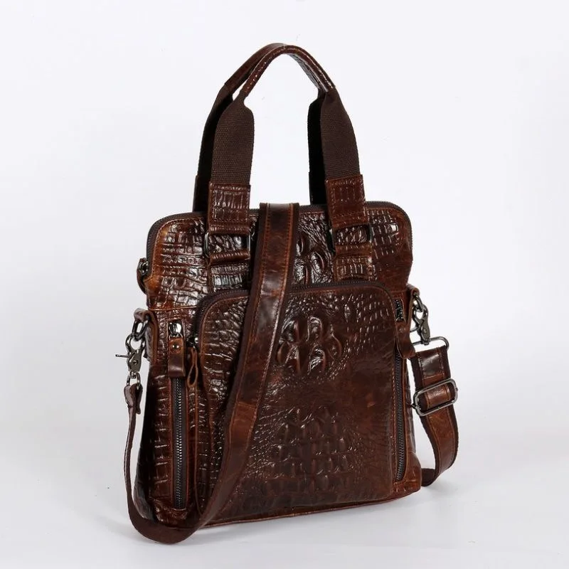 Men Brown Genuine Cowhide Leather Briefcase Crocodile Embossed Laptop Bag Large Capacity Business Shoulder Messenger Bag SAC