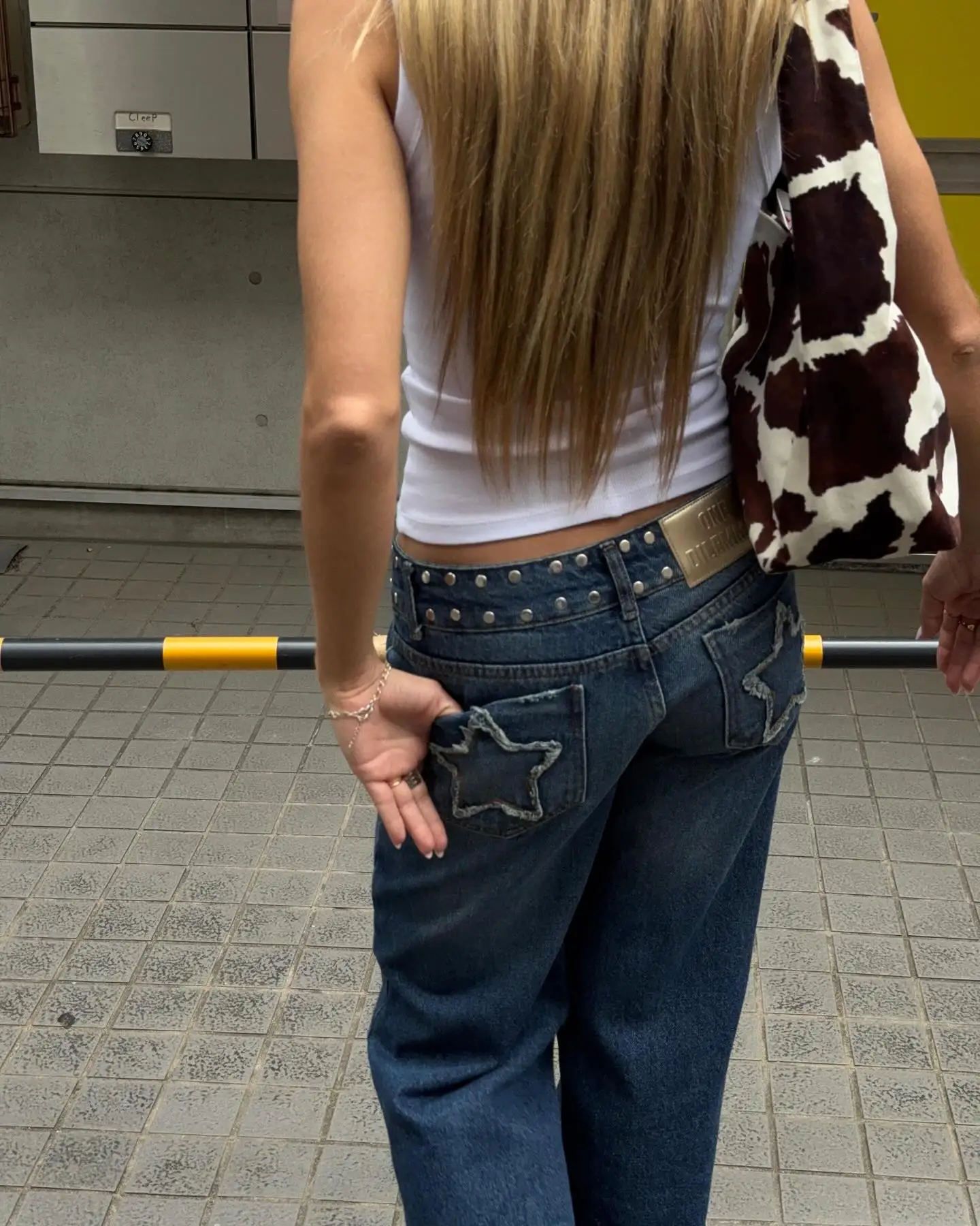 ONE DILEMMA España calle Retro estrella de cinco puntas borla pantalones vaqueros de tiro bajo Harajuku estampado ajuste Jeans Casual pantalones vaqueros rectos