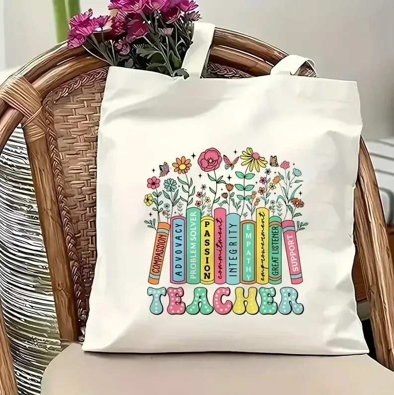 Teacher Canvas Tote Bag Wildflower Book Print Shoulder Bag Teacher Appreciation Gift Reusable Shopping Handbag