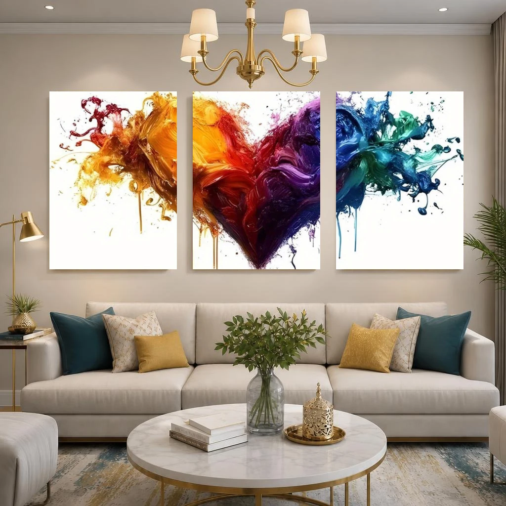 2D Flat, 2D Flat, 3pcs Modern Abstract Colorful Heart Wall Art Prints, Paint Splatter Pattern, Frameless Poster Prints for Li