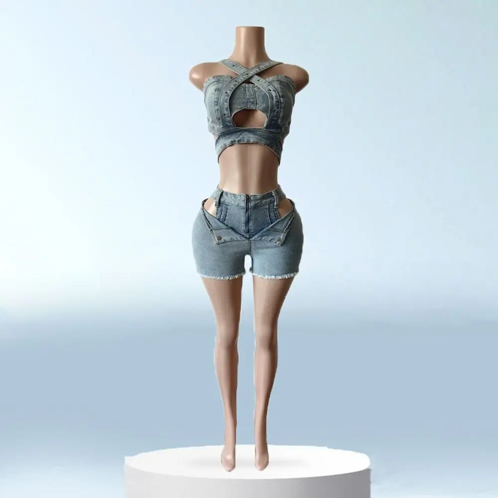 

Fashion Retro Cowboy Shorts Sets Spicy Girl Style Cross Belt Denim Crop Top Shorts Jumpsuits Hollow Sleeveless Bodysuit Girl