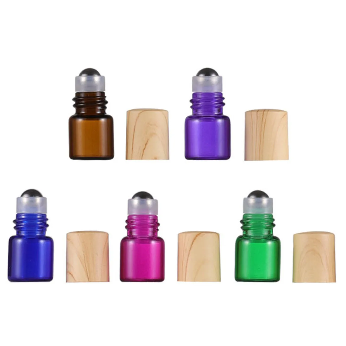 200X 1ml Mini Glass Roll on Bottle Sample Vials Roller Ball for Perfume Essential Oils Wood look Plastic Cap/Lid Portable