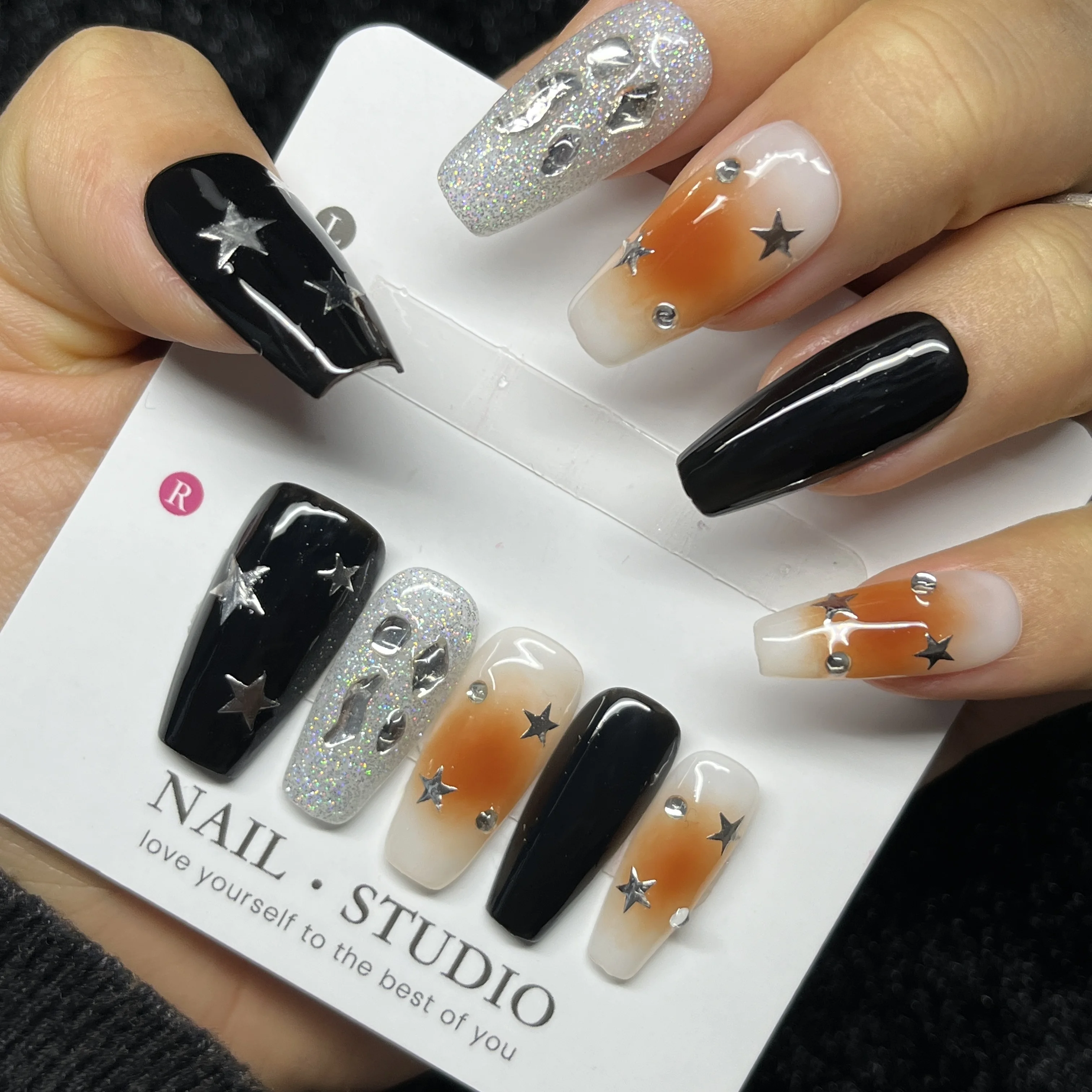 

10PCS 3D Star Press on Nails Long Coffin Pink White Ombre with Pearl Rhinestone Elegant Sweet Girls False Nails Handmade Nails