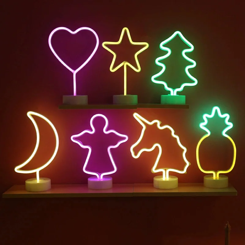 LED 네온 불빛 USB/배터리 전원 플라밍고 선인장 네온 사인 램프 코코넛 나무 파인애플 유니콘 램프 휴일 생일 장식