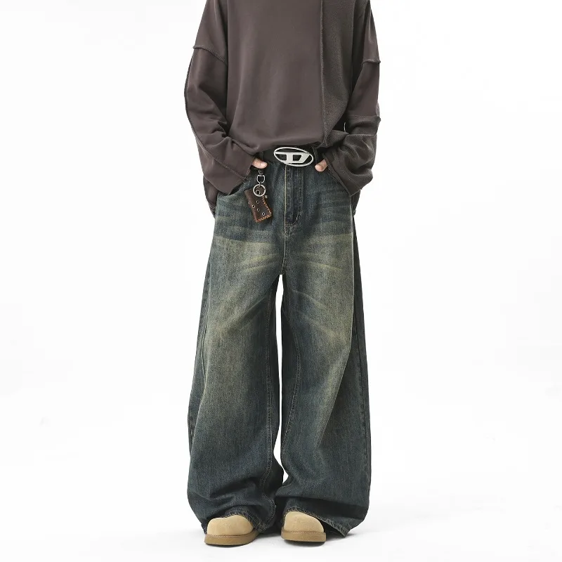 Men's pants summer outdoor casual loose straight leg denim pants with hanging feeling, wide legs, casual versatile long pants