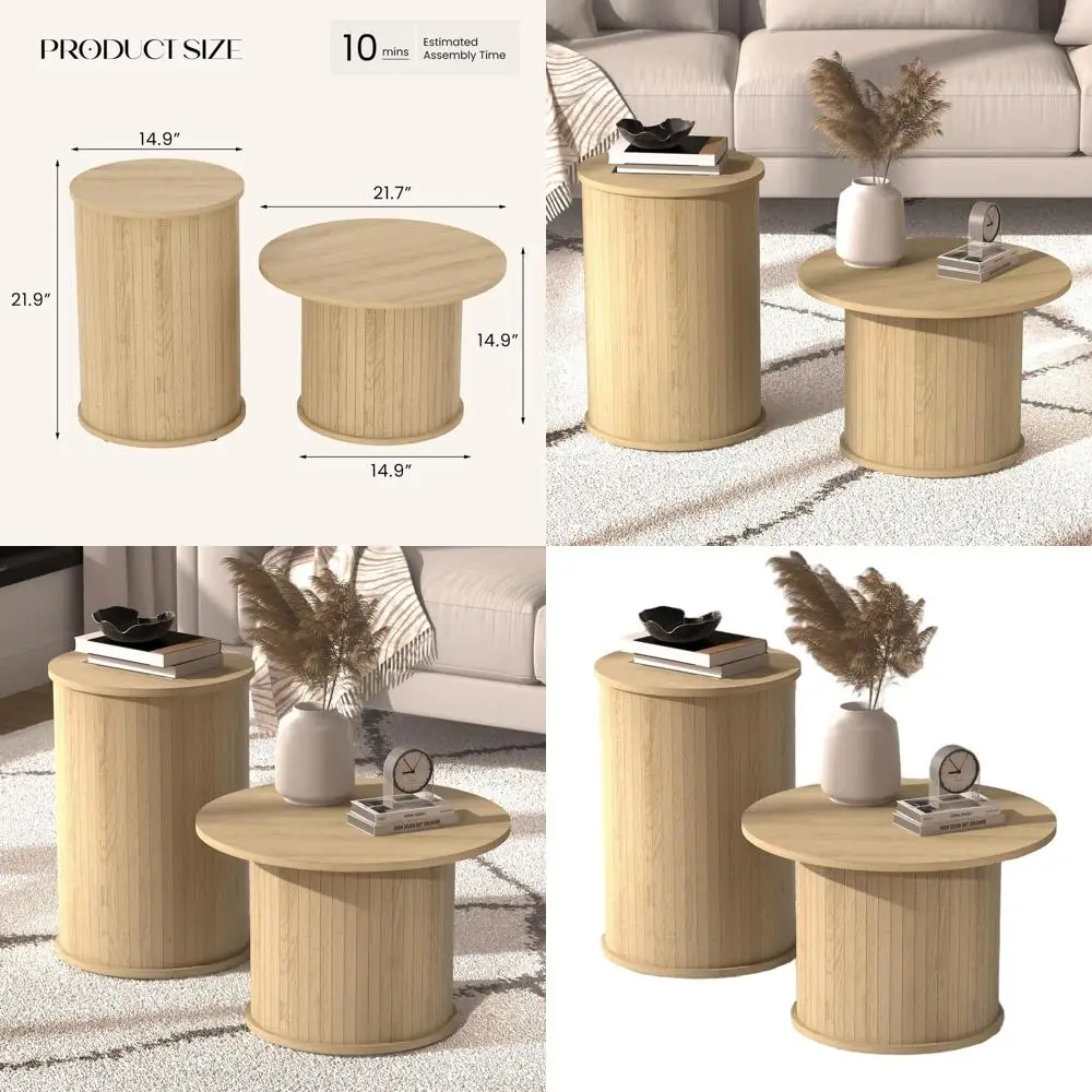 

Pair of Modern Fluted Circle Nesting Coffee Tables, Oslo Oak Finish, Ideal for Small Spaces and Living Rooms, Easy Assembly & Ma